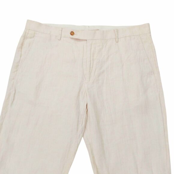 MNG by Mango Pants Mens 36x33 Beige 100% Linen Tailored Flat Front Travel Beach - Picture 2 of 13